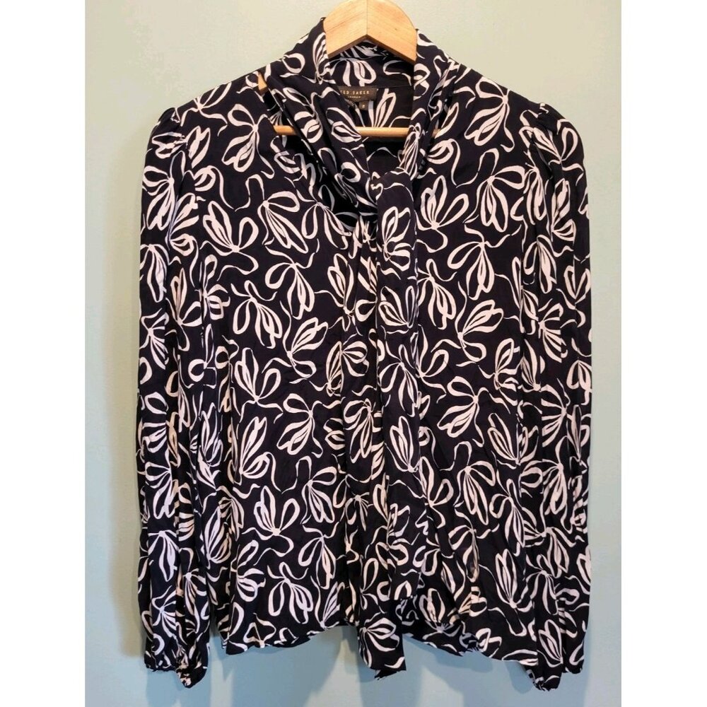 Ted Baker Black White Cupro Blend Bow Neck Long Sleeve Blouse Sz 2 Office